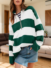 Oversized rugby stripe zip-up pullover in dark green and white acrylic knit with a contrast striped underlayer.