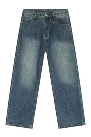 Pleated baggy denim jeans in medium wash cotton with a relaxed fit.