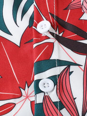 Toddler button-front shirt with tropical leaf print in red, green, and white cotton blend.