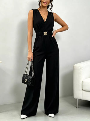 Black wide-leg jumpsuit with V-neck, elasticated waist, and gold buckle belt.