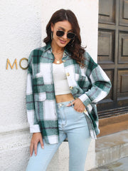 Oversized green plaid shacket with gold buttons and chest pockets.