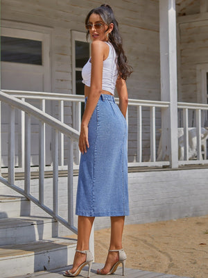 Button-front denim midi skirt in Sky Blue, with a high waist and straight cut.