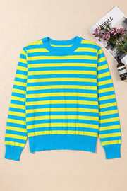 Electric Stripe Crewneck Sweater in Sky Blue with yellow stripes, crew neck, long sleeves.