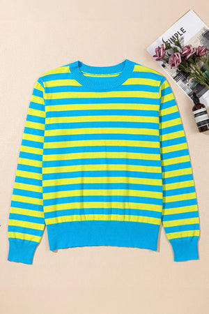 Electric Stripe Crewneck Sweater in Sky Blue with yellow stripes, crew neck, long sleeves.