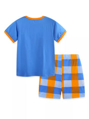 Baby blue cotton tee with orange trim and orange & blue plaid shorts.