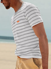 Men's Full Size Striped Pocket Short Sleeve T-shirt in Navy Blue, fabric detail