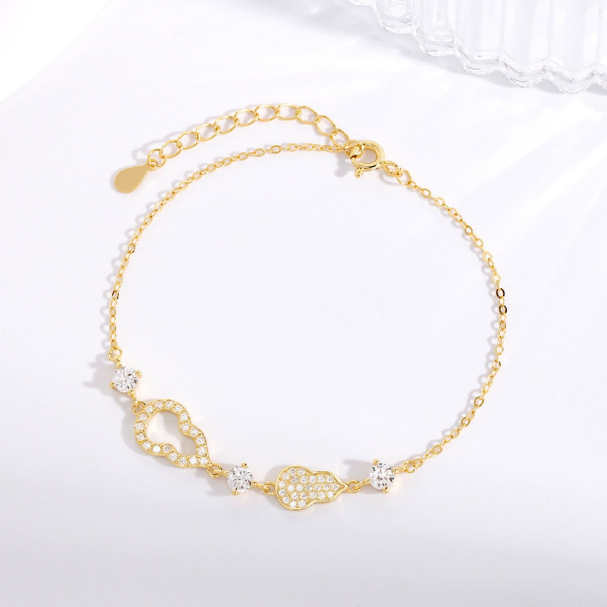 Gold zircon gourd charm bracelet with adjustable chain and clear crystals