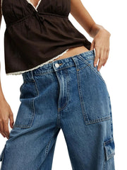 Light blue wide leg cargo jeans with button fly and multiple pockets.