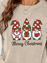 Beige corduroy sweatshirt with three Christmas gnomes and Merry Christmas text.