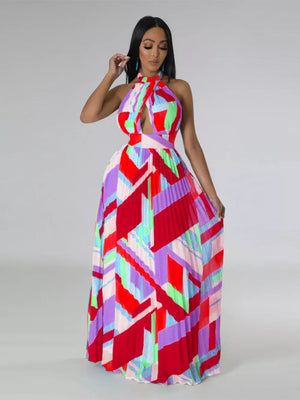 Halter neck maxi dress with bold geometric print and pleated skirt