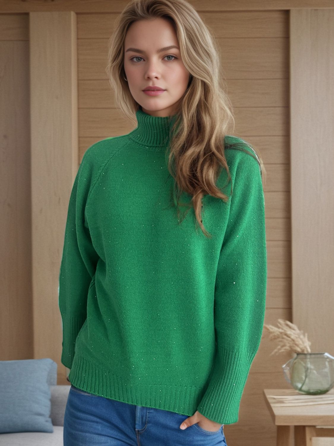 Dark green ribbed turtleneck sweater with subtle sparkle details and long sleeves.