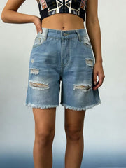 Light blue denim shorts with distressed rips and frayed hem.
