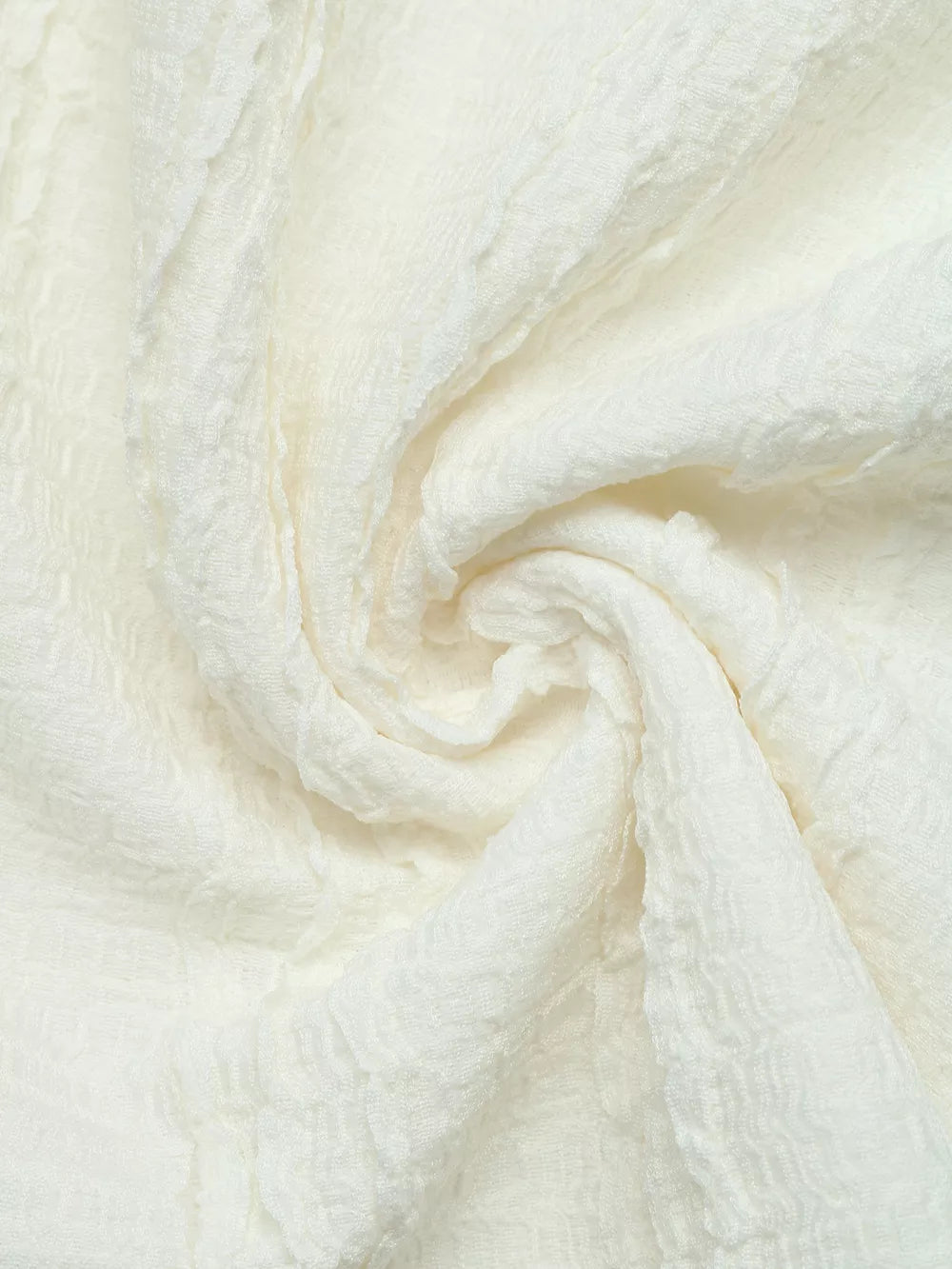 Crinkled texture t-shirt in off-white polyester fabric with ruffled sleeve detail.