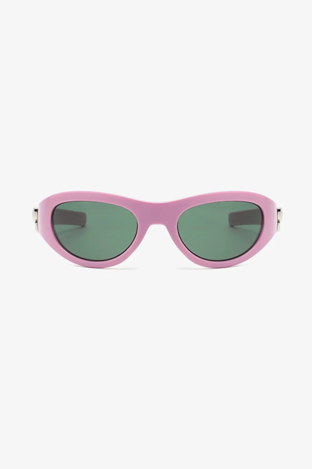 Dusty pink sporty shield sunglasses with green lenses and a bow accent.