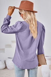 Lilac textured puff sleeve henley blouse with a diamond pattern