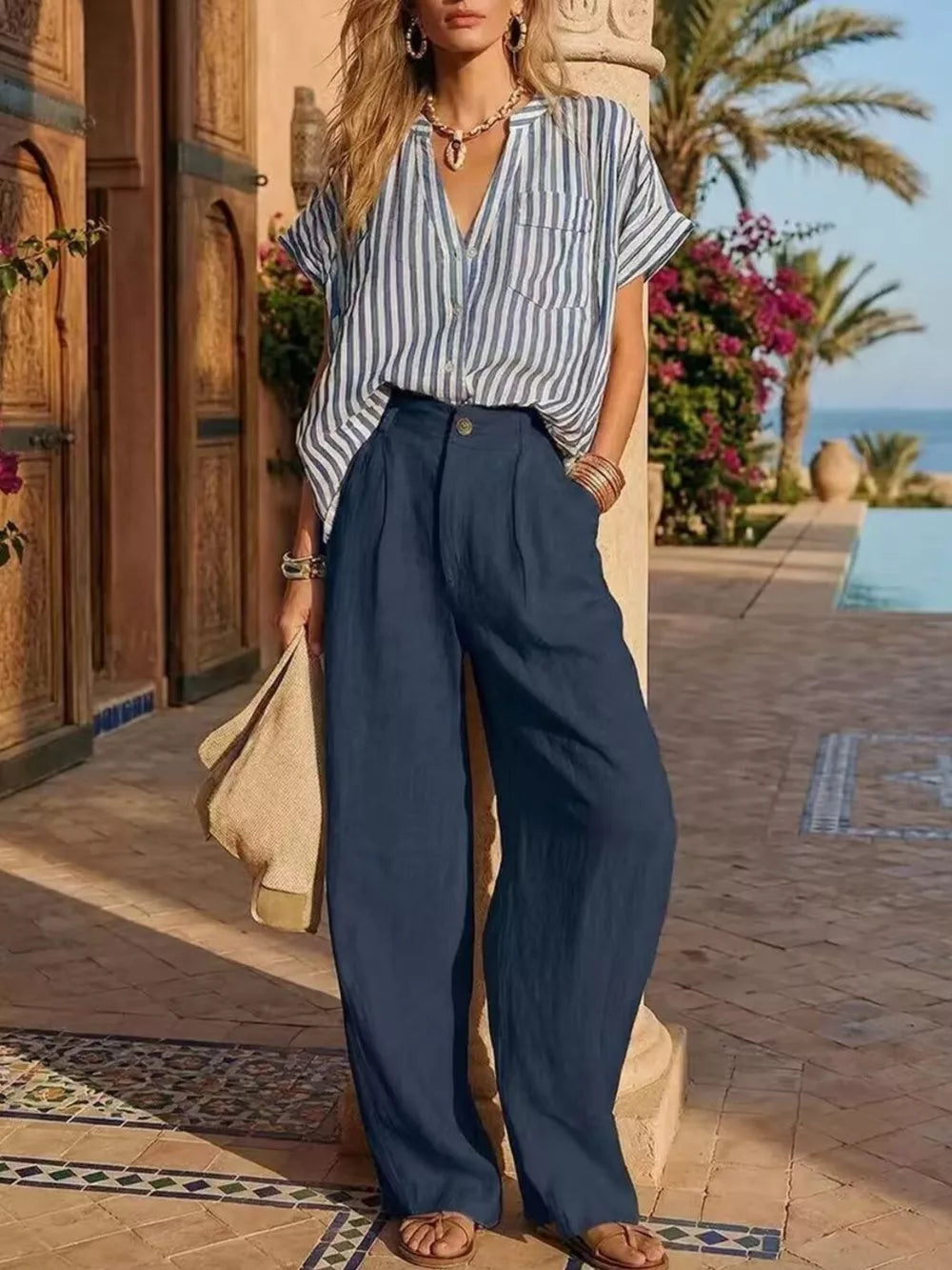 Full Size Striped Button Up Shirt And Pants Set Plus Size, front view