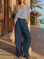Full Size Striped Button Up Shirt And Pants Set Plus Size, front view