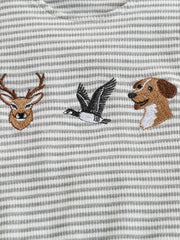 Baby one-piece with grey and white stripes and embroidered deer, duck, and dog faces.