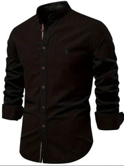 Black linen shirt with mandarin collar, button front, and embroidered detail.