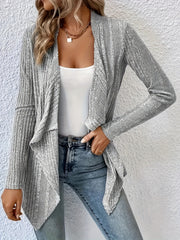 Gray ribbed knit waterfall cardigan with draped front and long sleeves.