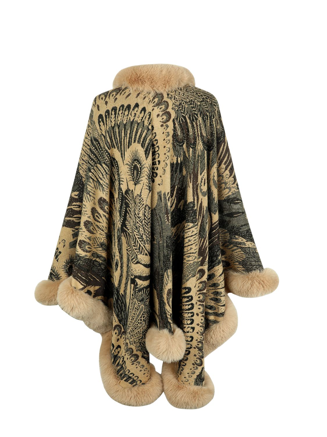 Camel feather print cape with faux fur trim and pom-poms.