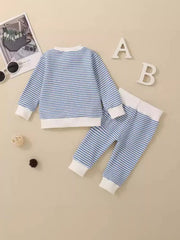 Baby knit set in light blue stripes with white cuffs and neckline.