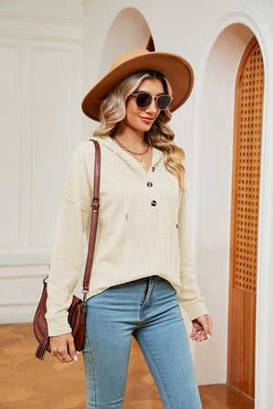 Cream textured henley hoodie with drop shoulder and button placket