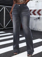 High-waist straight leg jeans in dark gray denim with subtle whiskering detail.