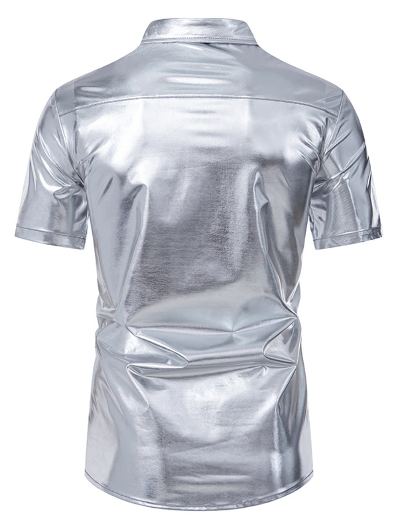 Men's silver metallic finish short sleeve button-up shirt with a classic collar.