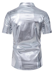 Men's silver metallic finish short sleeve button-up shirt with a classic collar.