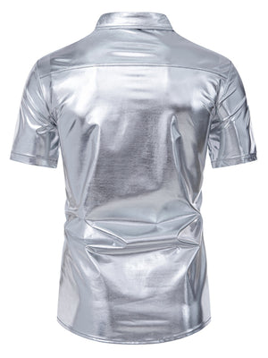 Men's silver metallic finish short sleeve button-up shirt with a classic collar.