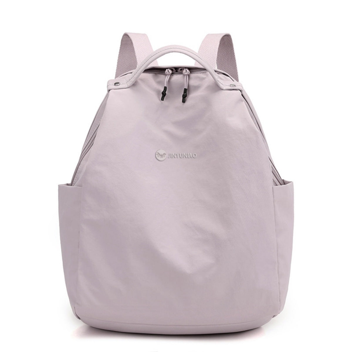 Medium nylon lightweight backpack in blush pink with side pockets and dual zippers.