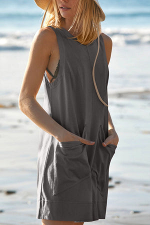 Dark Gray relaxed fit linen romper with pockets and a sleeveless design.