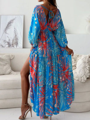 Printed V-neck Balloon Sleeve Maxi Dress in Black, back view