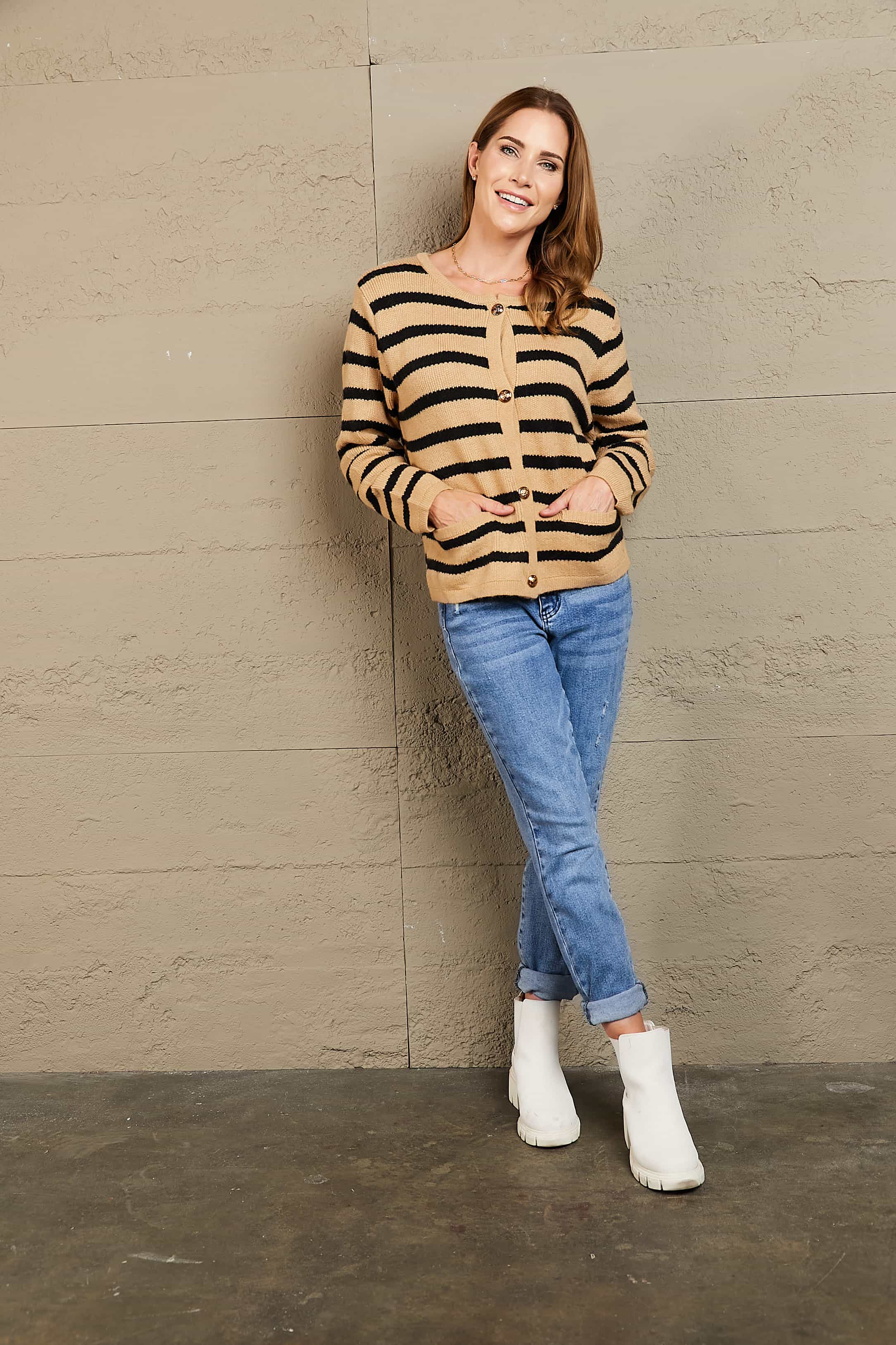 Khaki and black horizontal stripe knit cardigan with button front and pockets