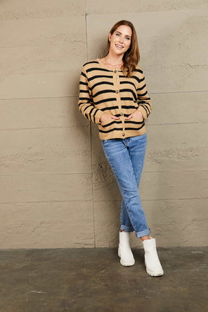 Khaki and black horizontal stripe knit cardigan with button front and pockets