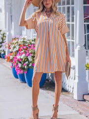 Striped V-neck shift mini dress with short sleeves and a fringe hem.