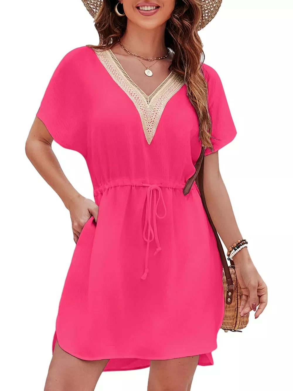 Rose Red mini dress with V-neck, lace trim, drawstring waist, and short sleeves.