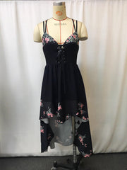 Black floral high-low cami dress with lace-up bodice and crisscross straps