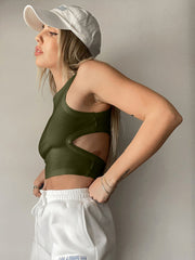 Moss ribbed crop top with side cutouts and a racerback.