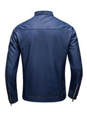 Blue zip-up long-sleeve jacket with zippered cuffs and a stand collar.