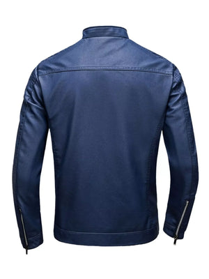 Blue zip-up long-sleeve jacket with zippered cuffs and a stand collar.