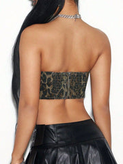 Leopard print smocked corset top with back zipper detail