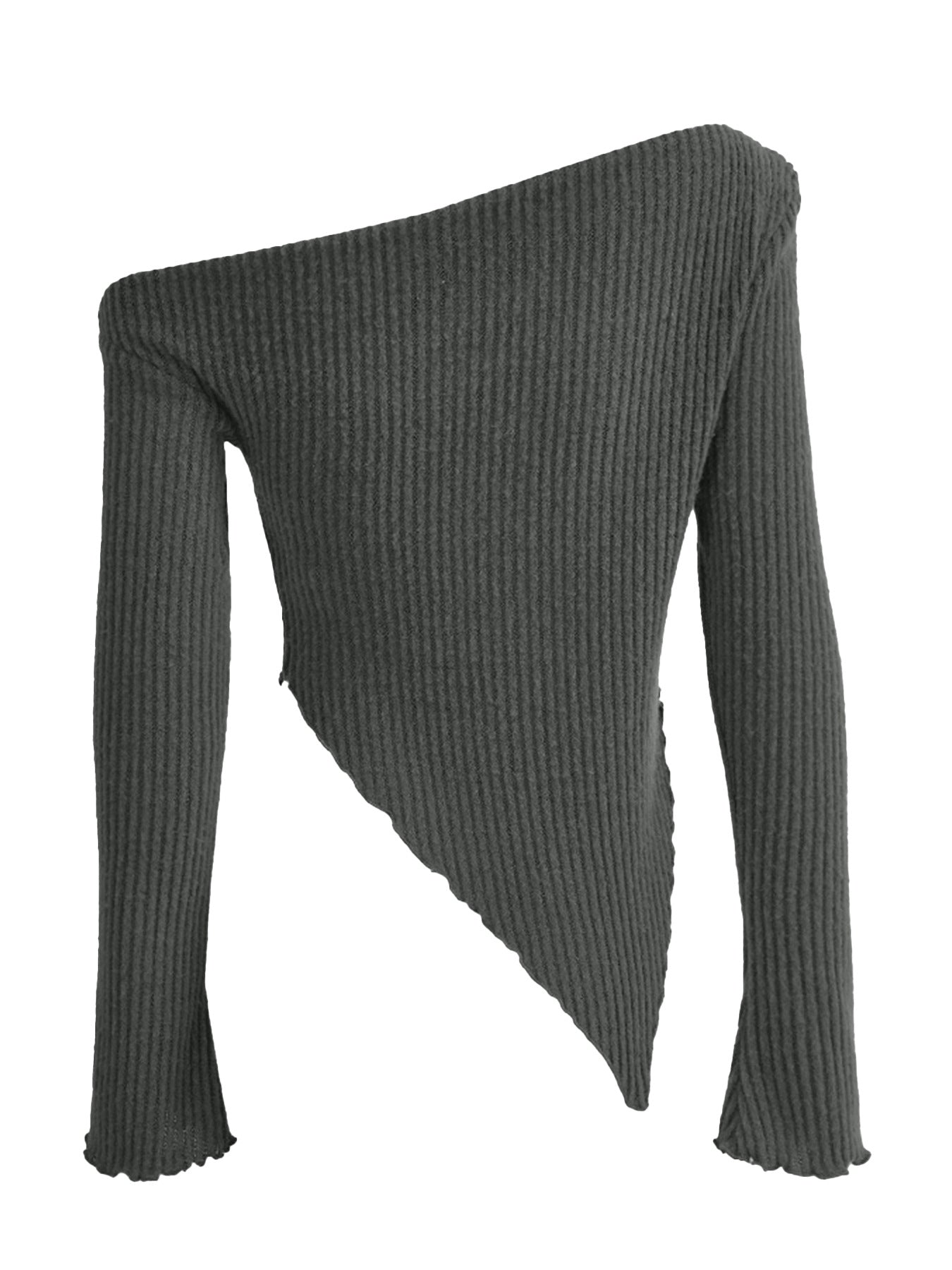 Dark gray asymmetrical ribbed knit top with one long sleeve and a pointed hem.