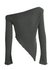 Dark gray asymmetrical ribbed knit top with one long sleeve and a pointed hem.