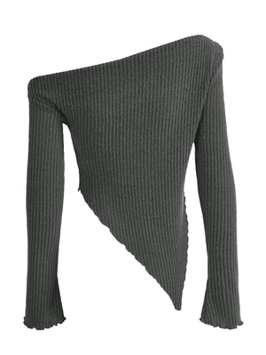 Dark gray asymmetrical ribbed knit top with one long sleeve and a pointed hem.