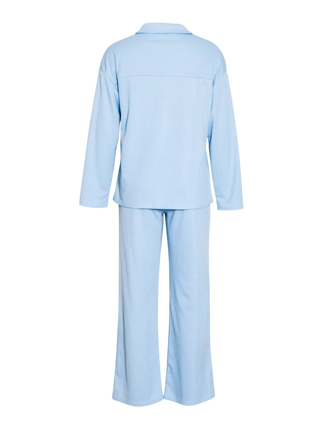 Light blue ribbed knit lounge set with relaxed fit long sleeve top and wide leg pants.