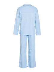 Light blue ribbed knit lounge set with relaxed fit long sleeve top and wide leg pants.