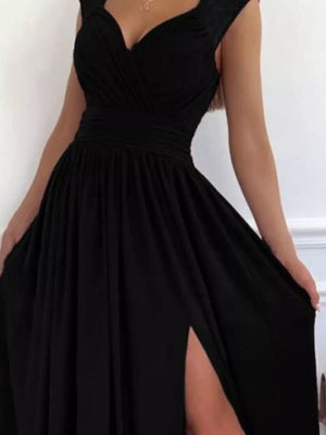Black maxi dress with sweetheart neckline, ruched waist, and high slit.