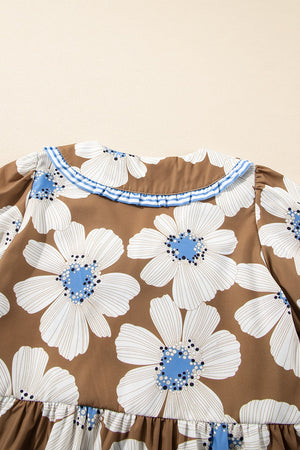 Camel floral print blouse with Peter Pan collar and blue stripe trim